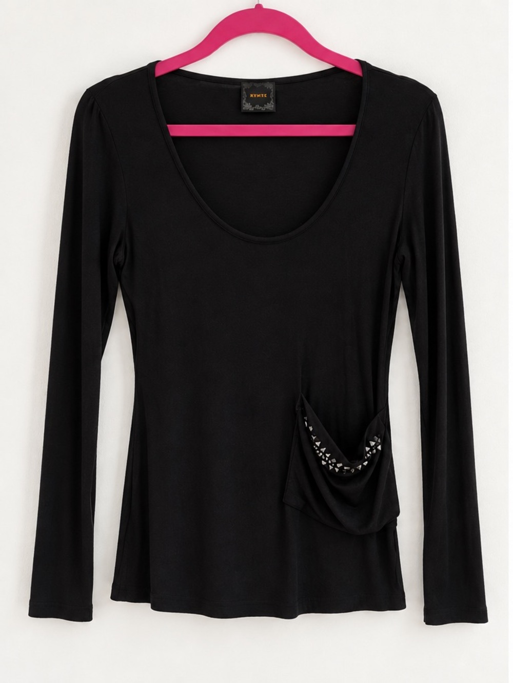 NYMPHE Black Long Sleeve Scoop Neck Top with Embellished Draped Pocket